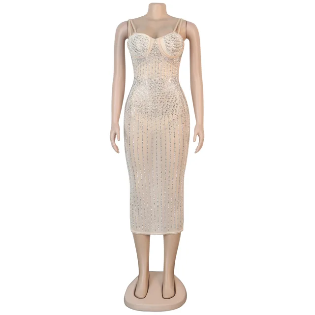 Kricesseen Sexy Sequin Glitter Crystal Midi Dress Vestido Women Sleeveless Strap Bodycon See Through Party Club Dresses 4