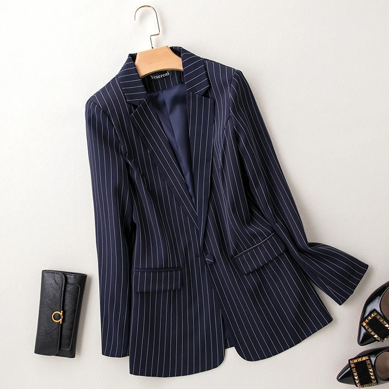 blue striped Модный Полосатый Женский блейзер с принтом, новинка, весеннее повседневное пальто с длинным рукавом, корейский стиль, на одной пуговице, Блейзер Женский синий - Цвет: blue striped
