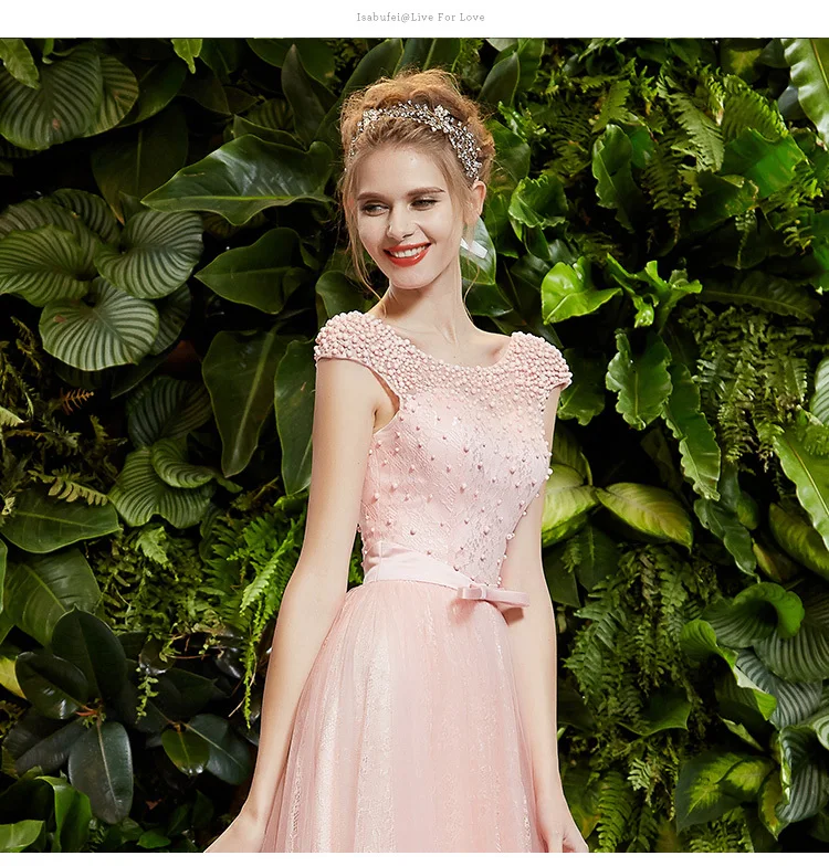 Vestido de renda вечерние платья для выпускного вечера, сексуальная жемчужная шапка с рукавами,, розовые длинные кружевные официальные платья подружек невесты
