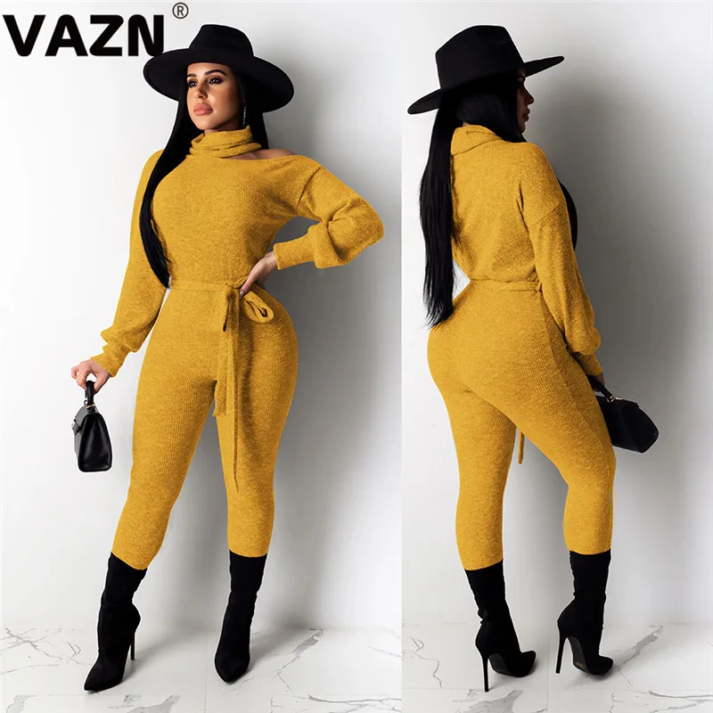 VAZN, желтый, серый, в стиле панк, модный, однотонный, водолазка, бандаж, женский комбинезон с длинным рукавом, длинные штаны, комбинезоны, сексуальные Клубные Комбинезоны
