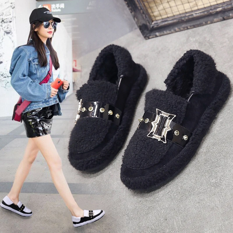 

All-Match Shallow Mouth Moccasin Shoes Buckle Strap Round Toe Loafers Fur Women Flats 2019 Fashion Women's Casual Female