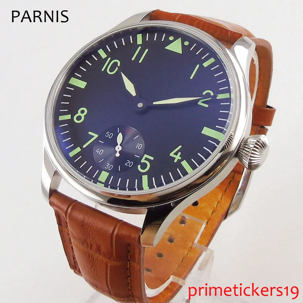 

Hand winding men's watch green marks 44mm 6498 movement polished case black dial leather strap