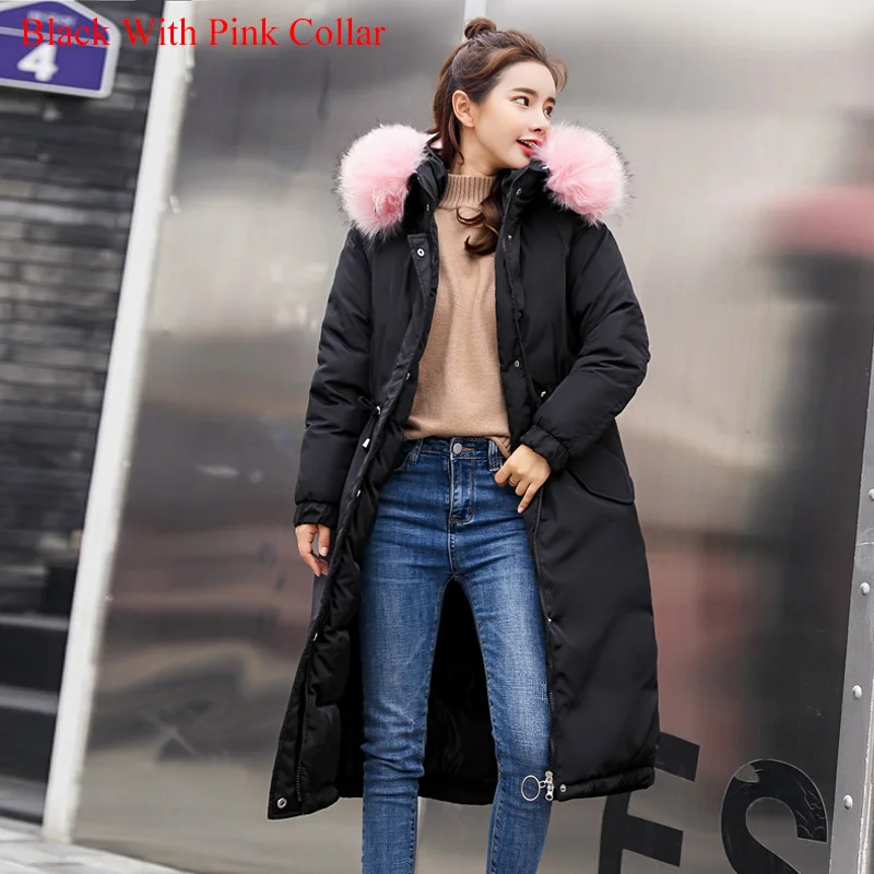 Black Pink Collar Новое поступление модные женские зимние куртки высокое качество дамское пальто Длинная парка с капюшоном с мехом теплая верхняя одежда парки женские - Цвет: Black Pink Collar