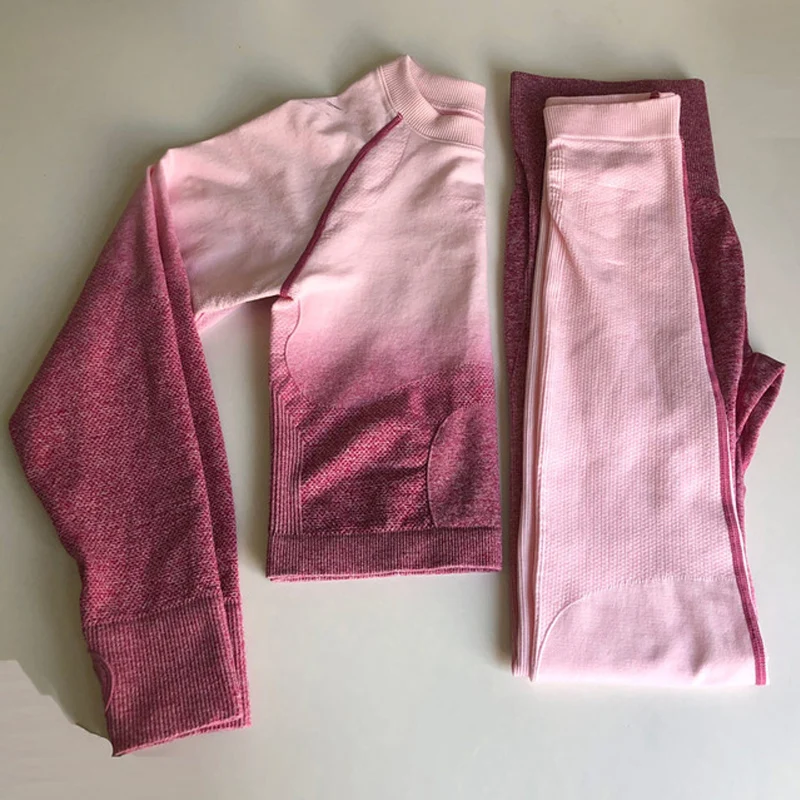 

Women Yoga Set Ombre Seamless Leggings Sports Bra Long Sleeve Crop Top Shirt High Waist Fitness Sports Suit Active Wear