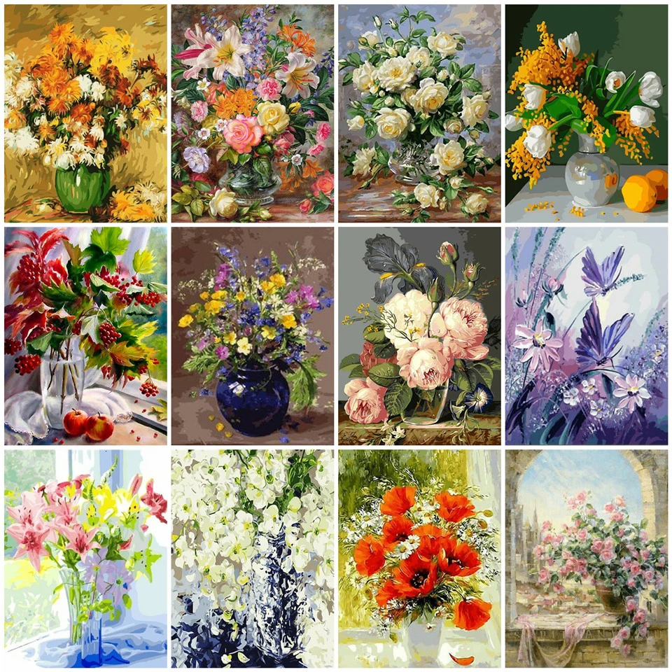 AZQSD DIY Oil Painting By Numbers Flower Unframe Acrylic Paint Home Decoration Coloring Vase Handmade Gift | Дом и сад