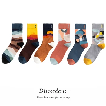 

6 Pair 2020 Stylish Retro Style High Quality Cotton Socks Harajuku Style Printed Pattern High Stockings Geometric Socks