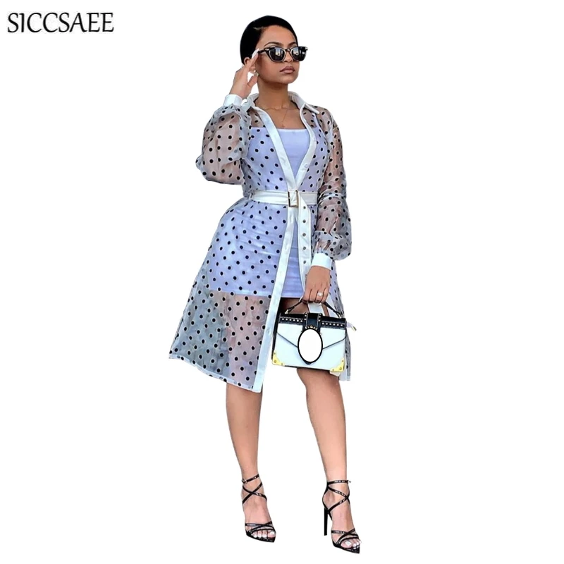 

With Belt Polka Dot Printed Organza Trench Coat For Women See Through PU Faux Leather Patchwork Cardigan Manteau Femme Overcoat
