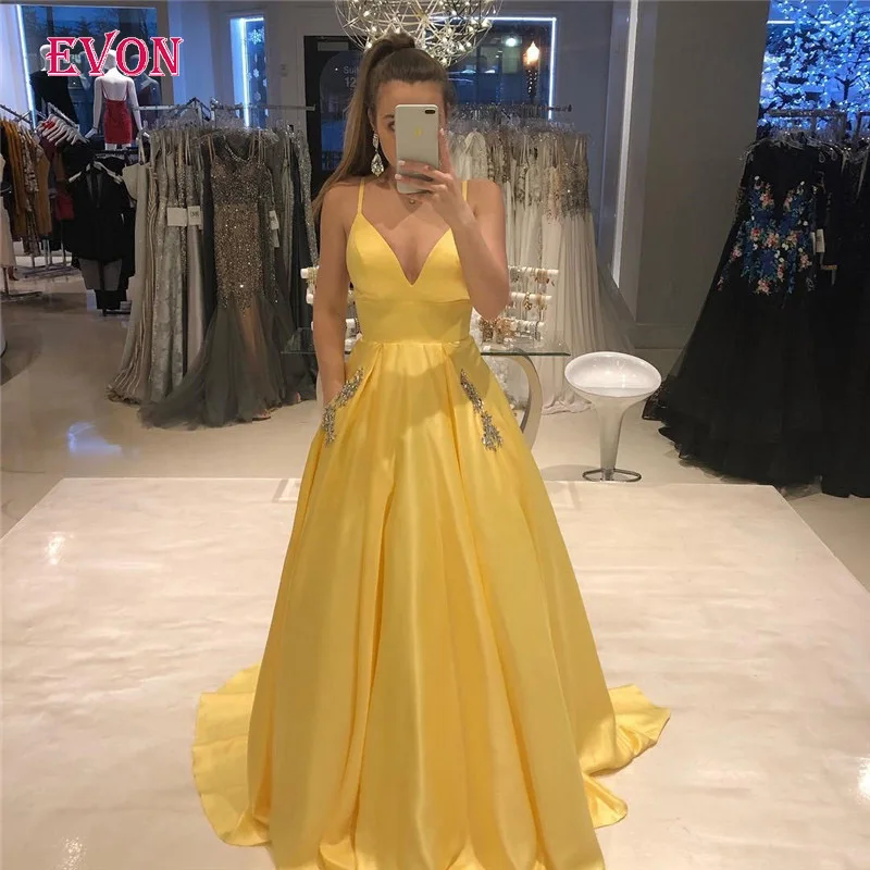 Vestidos de gala/Простые Длинные платья для выпускного вечера с v-образным вырезом, изготовленные на заказ, с карманами, желтыми пятнами, трапециевидные вечерние платья - Цвет: Цвет: желтый