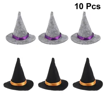

10pcs Mini Felt Witch Hats Handmade Wine Bottle Decor for Halloween DIY Hair Accessories Crafts (5pcs Black+5pcs Grey)
