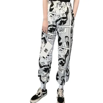 

New Stylish Cartoon Print Drawstring Pants Elastic Waist Hip Hop Long Pants Women Harajuku High Waist Casual Trousers
