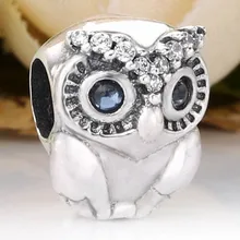 Оригинальные сверкающие бусины в виде совы с голубыми глазами и камнями, подходят для 925 пробы серебряных браслетов Pandora, браслетов, ювелирных изделий Diy