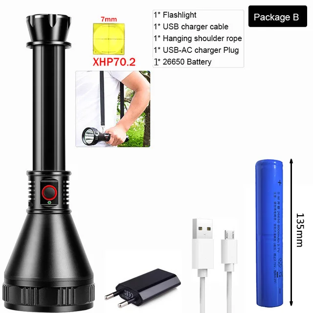 Package B XHP70.2 светодиодный фонарь 800 м широкоугольный дальний фонарик перезаряжаемый водонепроницаемый фонарь использует батарею 26650 для кемпинга приключений - Испускаемый цвет: Package B