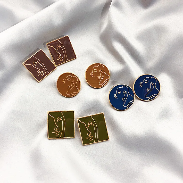 

2019 New Arrival Abstract Design Face Geometric Round Square Stud Earrings For Women Vintage Enamel Pendientes Mujer Moda
