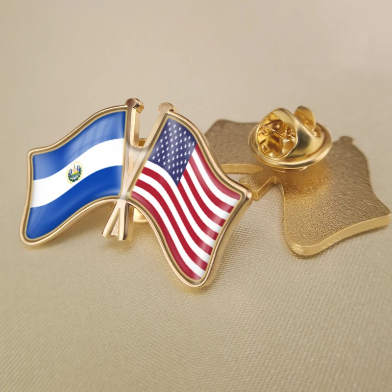 

El Salvador and United States Crossed Double Friendship Flags Lapel Pins Brooch Badges