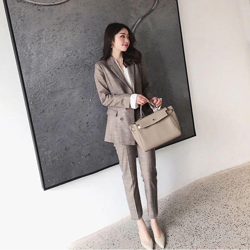 

Women's suits autumn and winter new women's fashion plaid suit nine pants two sets of women's business overalls 2 sets