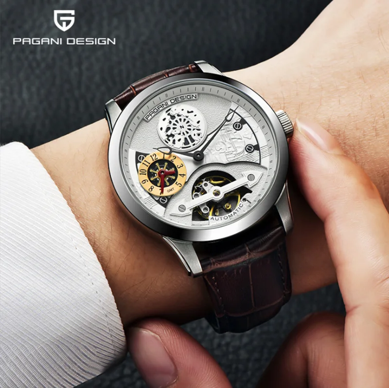 Мужские автоматические механические часы Tourbillion коричневые водонепроницаемые с