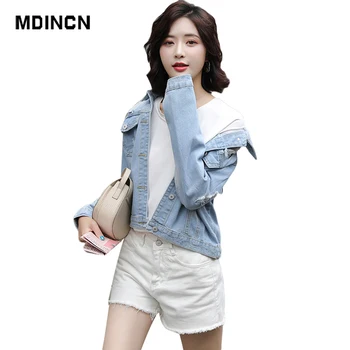 

MDINCN Women Jacket Frayed Denim Bomber Jacket Appliques Print lady Vintage Elegant Outwear Spring And Autumn Slim Coat Vangull