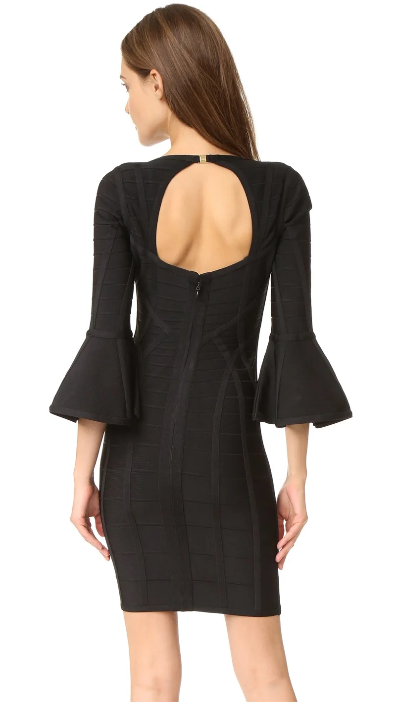 Flare Sleeve Deep V Neck Cutout Dress Women Bodycon Celebrity Evening Party Club Vestidos Stretch Mini Winter Bandage Dresses