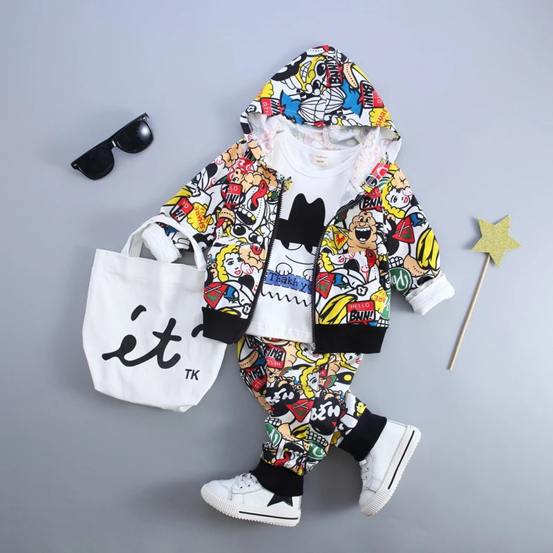 Комплекты одежды для маленьких мальчиков, Осенний хлопковый костюм с капюшоном тренировочный костюм из 3 предметов повседневная одежда для малышей, детская одежда для мальчиков 2 лет
