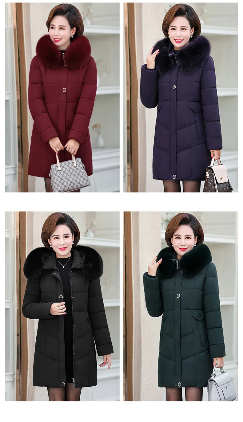 Зимняя куртка размера плюс 5XL, Женская парка с капюшоном, меховой воротник, высокое качество, тонкий женский пуховик для среднего возраста, хлопковая куртка, зимнее пальто