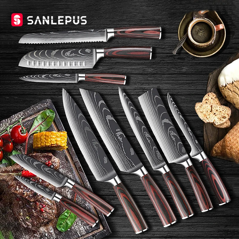 SANLEPUS 1-10 Pieces Set of Kitchen Knives Laser Damascus Pattern Sharp Chef Knife Japanese Santoku Cleaver Vegetable Cutter | Дом и сад