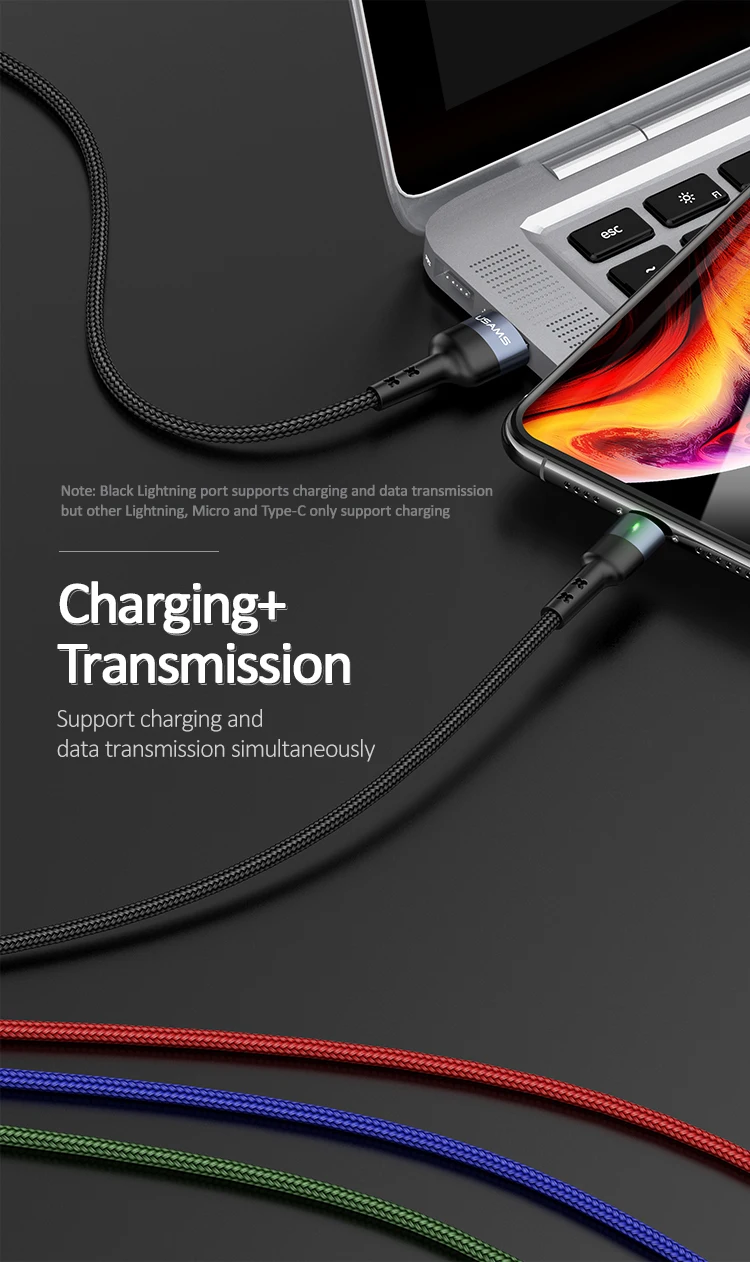 USAMS 4 в 1 мульти usb Кабель зарядного устройства для iPhone samsung huawei xiaomi Быстрая зарядка провод данных для lightning micro usb type c светодиодный