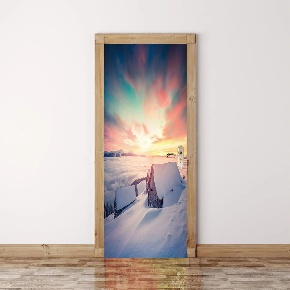 

Home Decoration 3D Sticker Setting Sun Snow Landscape Picture Self Adhesive Decal PVC Waterproof Paper Door Print Artwork Poster
