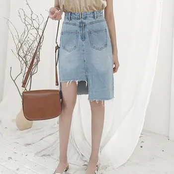 

Korean Elegant Women Skirt Blue Pocket Denim Jeans Midi Skirts Elegant Chic Solid High Waist Asymmetrical Skirt Summer 2020