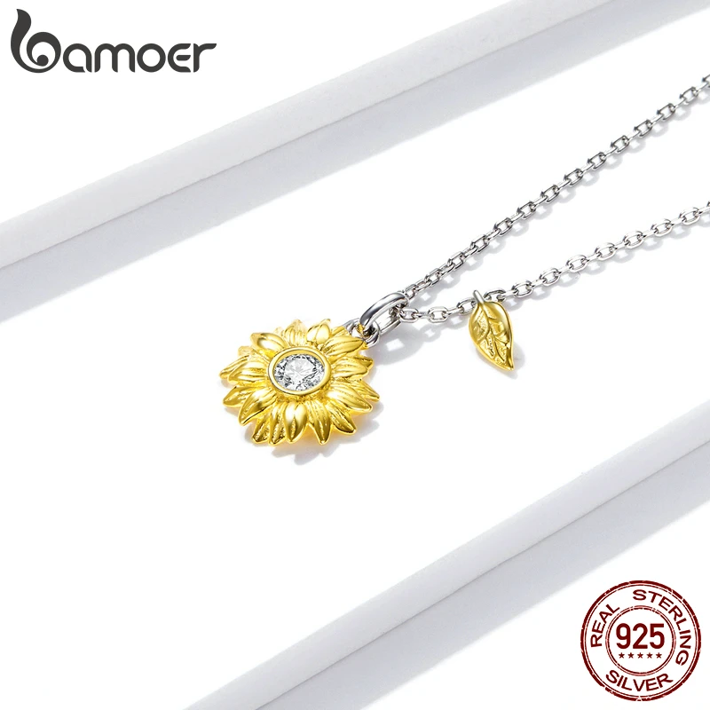 bamoer Silver Sunflower Necklace 925 Sterling Silver Gold Color Lucky Necklace Gift for Women Fashion Necklace Jewelry BSN212 Jewellery Brand Name: bamoer
