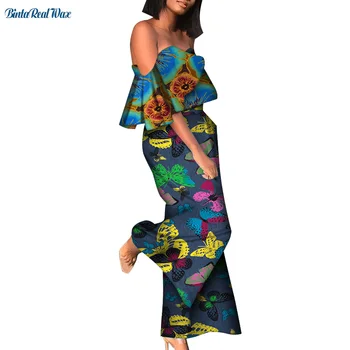 

Off Shoulder African Woman Print Top and Pants Sets Bazin Riche Cotton Ruffles Shirts 2 Pieces African Clothes for Women WY6739