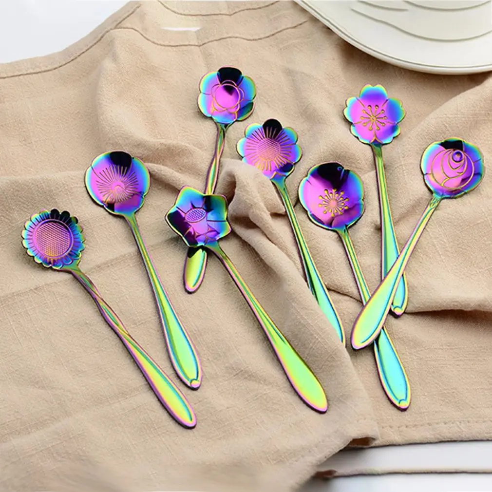8Pcs Creative Flower Shape Tea Coffee Spoon Set Stainless Steel Sugar Ice Cream Spoon Mixing Spoon Stirring Teaspoons Tableware