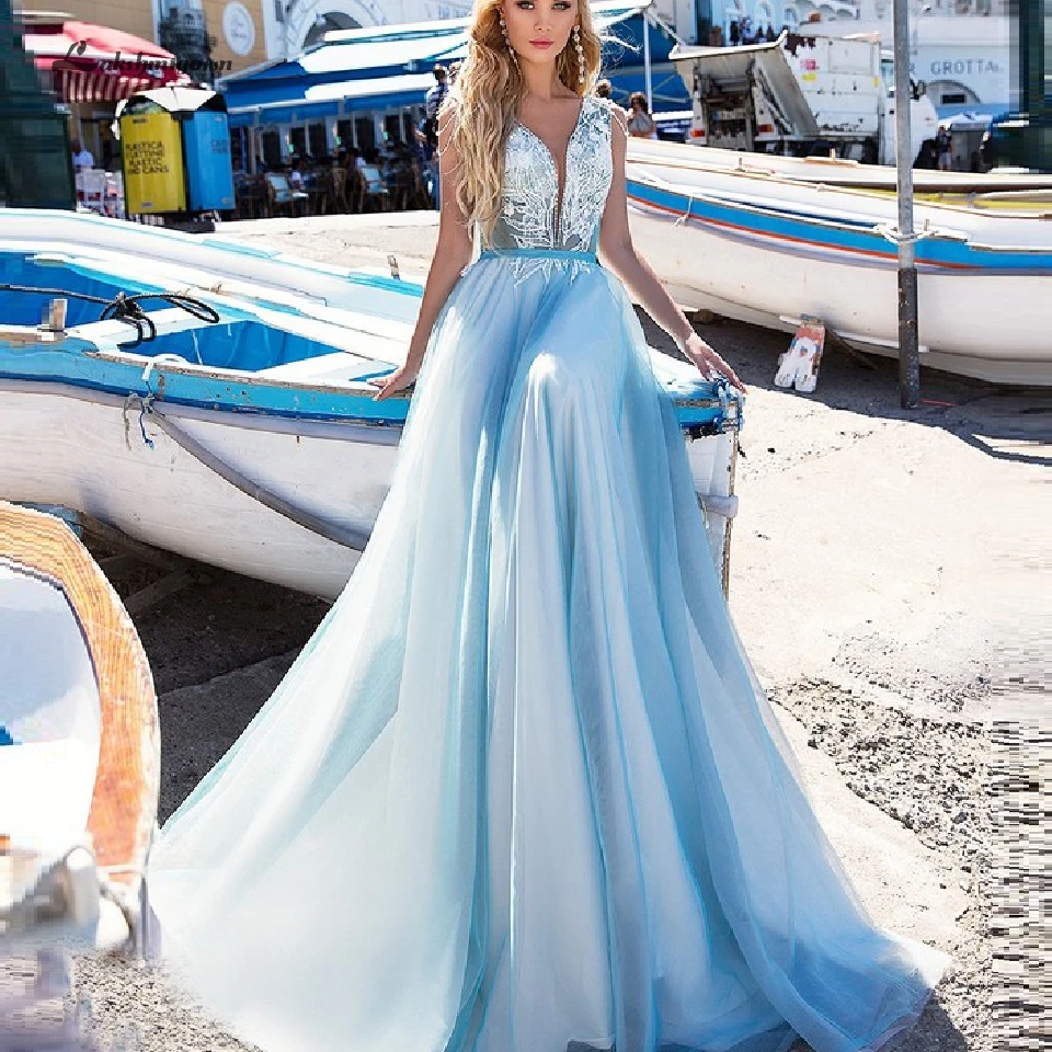 Голубое свадебное платье Пляжное 2020 Robe de Mariee Boheme сексуальное кружевное 3D