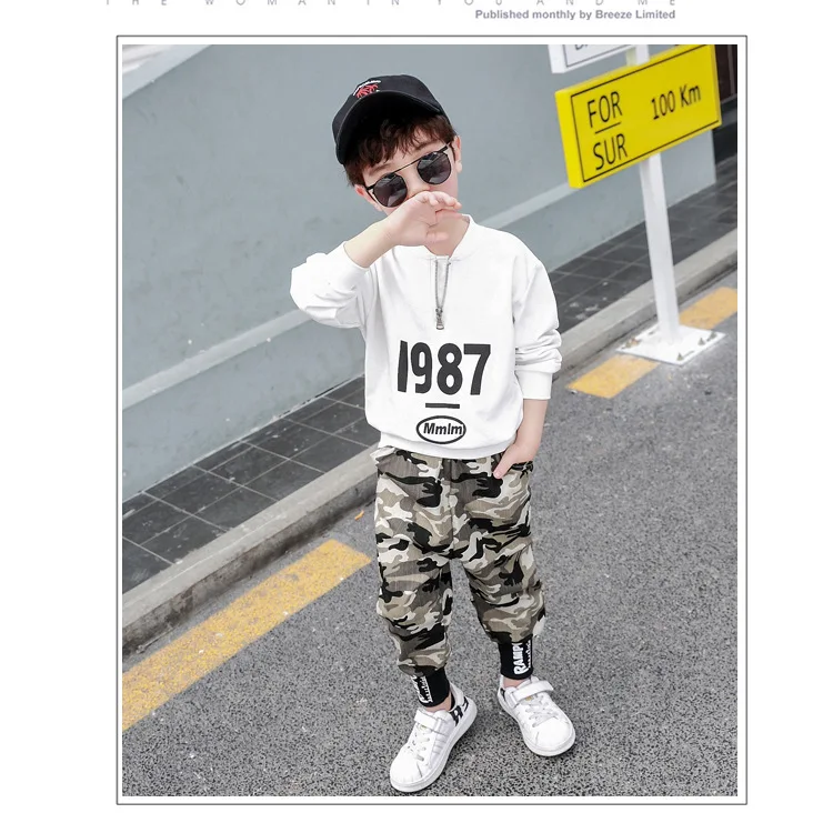 Весенняя детская одежда для мальчиков, спортивный костюм с буквенным принтом, камуфляжные топы, штаны, комплект зимней одежды для маленьких мальчиков, спортивный костюм, От 3 до 12 лет