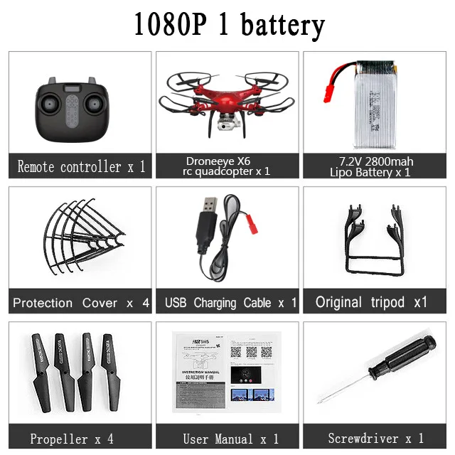 Red 1080P 1Battery Droneeye X6 новейший Радиоуправляемый Дрон Квадрокоптер с 1080P Wifi FPV Вертолет камеры 20 мин Летающий Профессиональный Дрон - Цвет: Red 1080P 1Battery