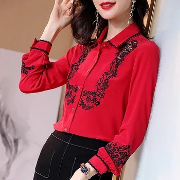 

Blouse Women 2020 Spring Summer Vintage Fashion 100% Silk Embroidered Turn Down Collar Long Sleeved All Matched Red Tops S-XL