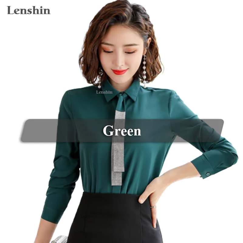 Lenshin Лоскутные Галстуки рубашки для женщин Свободная блузка модная рабочая одежда офисные женские топы сорочка свободный стиль - Цвет: Зеленый