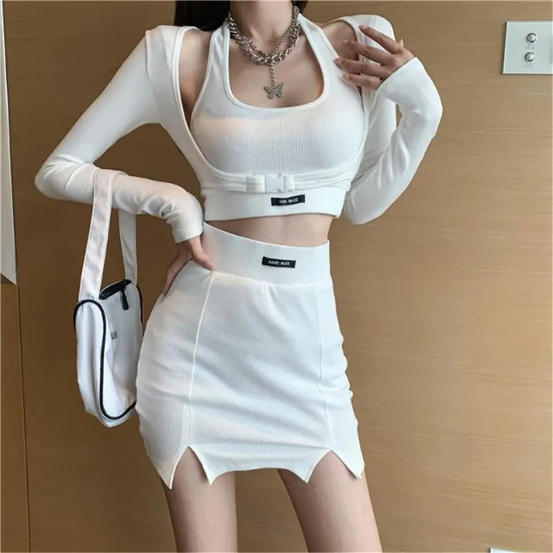 3 Pieces Sets White knitting Blouses + Tops+Skirt Summer Women Casual Sweet long Sleeve Tops And A Line Mini Skirts