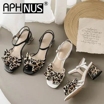

APHNUS Womens Sandals Leopard print Bowtie Low Mid Heels Pumps Flowers Beading charm Woman 2020 Shoes For Women New