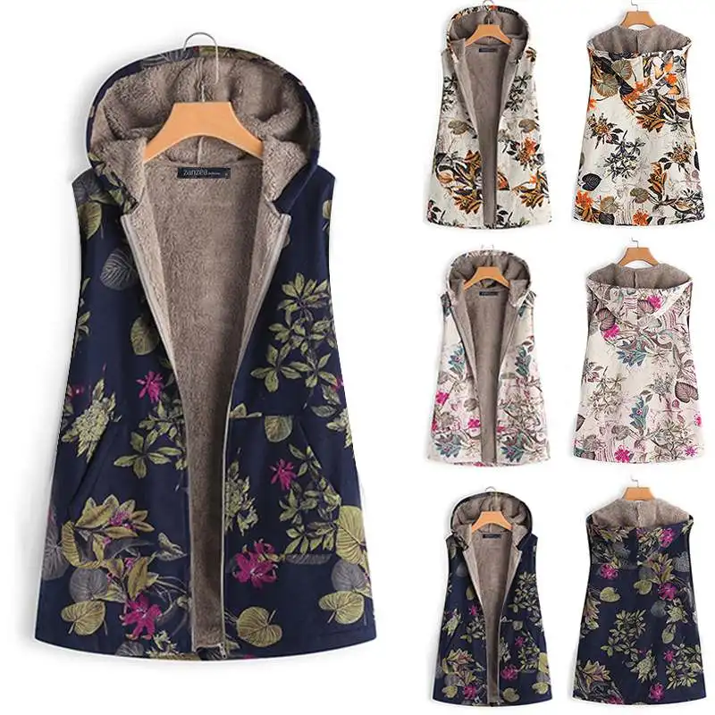 lower price Vintage Women's Sleeveless Jackets 2019 ZANZEA Casual Print Coats Fur Lining Outwear Winter Floral