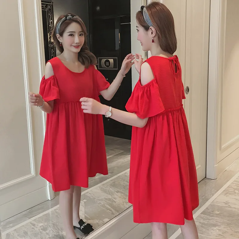 

2019 New Style Maternity Clothes Korean-style Fashion Loose off-Shoulder Dress Mid-length Short Sleeve Pregnant Women Skirt