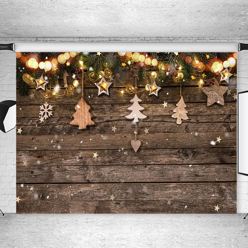 

Christmas Wooden Board Backdrop Christmas Tree Star Pendant Decor Bokeh Children Backgrounds for Photo Studio