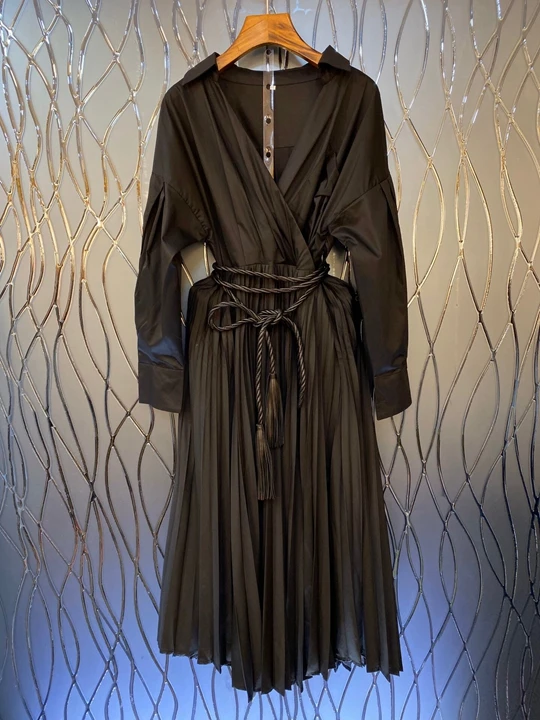Осень и зима Новое Женское платье с v-образным вырезом на талии на шнуровке с поясом однотонное платье с длинным рукавом 1126