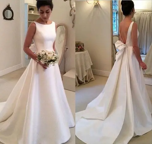 

High Neck Simple Backless A Line Satin Wedding Dress With Ribbon Vestidos de Noiva 032