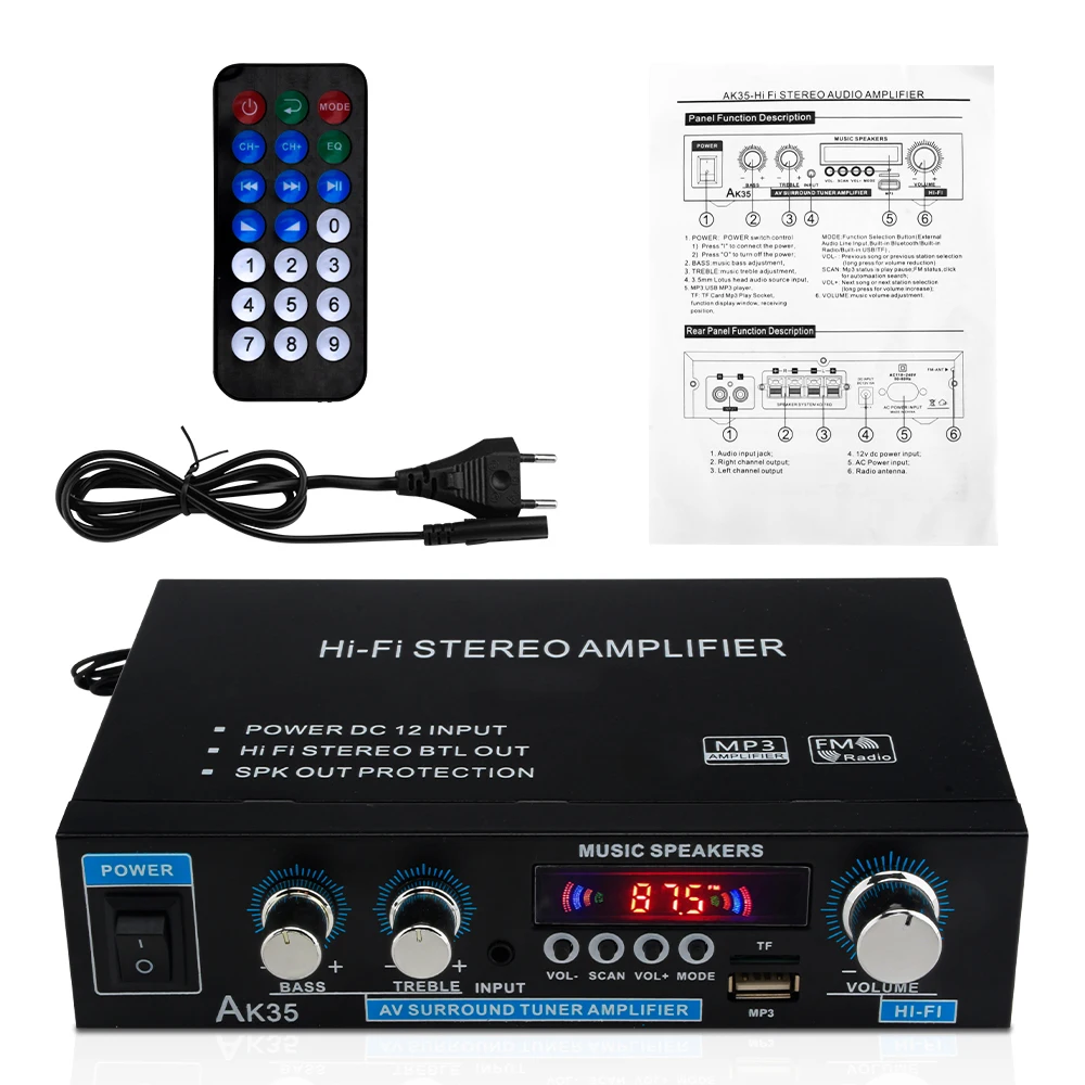 EU Car Home Theater Subwoofer Amplifiers 90W 110-240V Bluetooth-Compatible Digital Amplifiers Audio Stereo Support FM TF RCA AUX