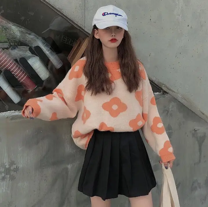 Оранжевый Женские свитера японский Kawaii Ulzzang Цветочный Круглый Вырез Свободный свитер женский Япония корейский Harajuku Милая одежда для женщин - Цвет: Оранжевый