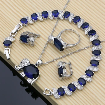 

Elephant 925 Silver Bridal Jewelry Sets Blue Zircon White Birthstone For Women Earrings/Pendant/Ring/Bracelet/Necklace Sets
