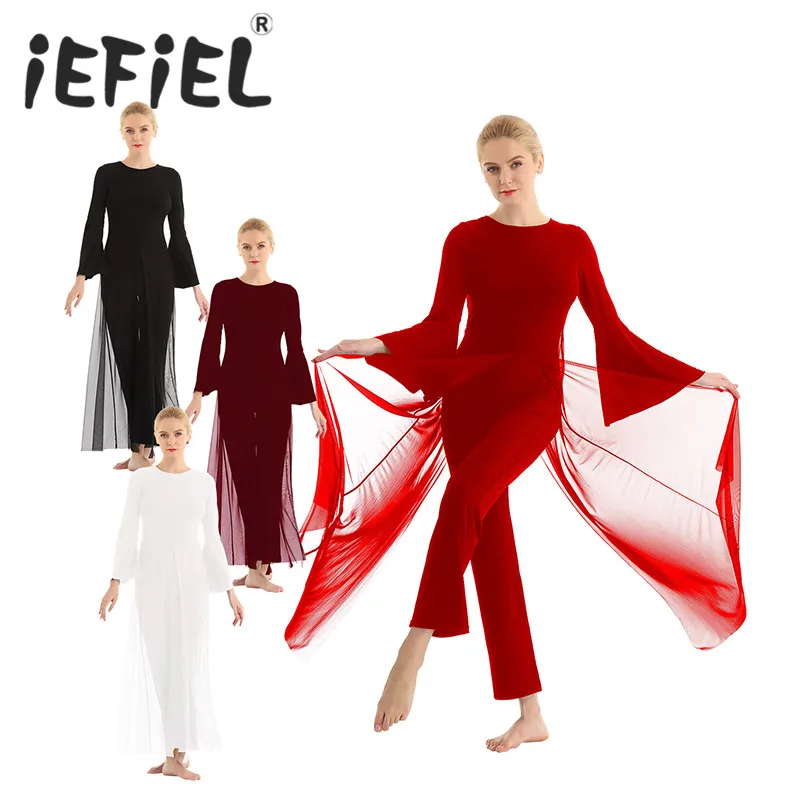 Xs-xl женские взрослые цельные с круглым вырезом и длинными расклешенными рукавами