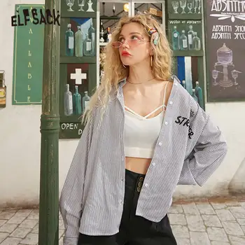 

ELFSACK Green Striped Letter Print Oversize Casual Preppy Shirts Women 2020 Spring New Black Long Sleeve Ladies Korean Daily Top