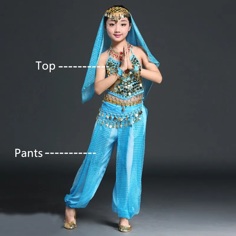 Новейший Детский комплект для танца живота, индийский костюм для танца живота, Восточный танец, танец живота, сценический костюм, костюм, 4 цвета - Цвет: Lake blue 2pcs