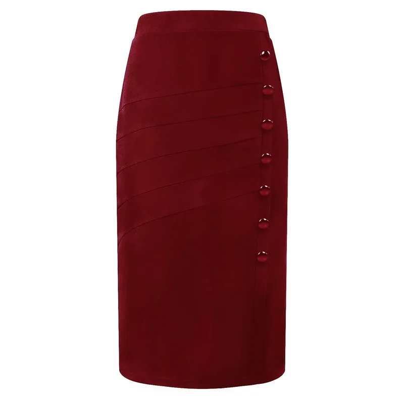 Winter Europe Bottom Buttons Midi S-5XL Plus Size Solid OL Women Pencil Skirts